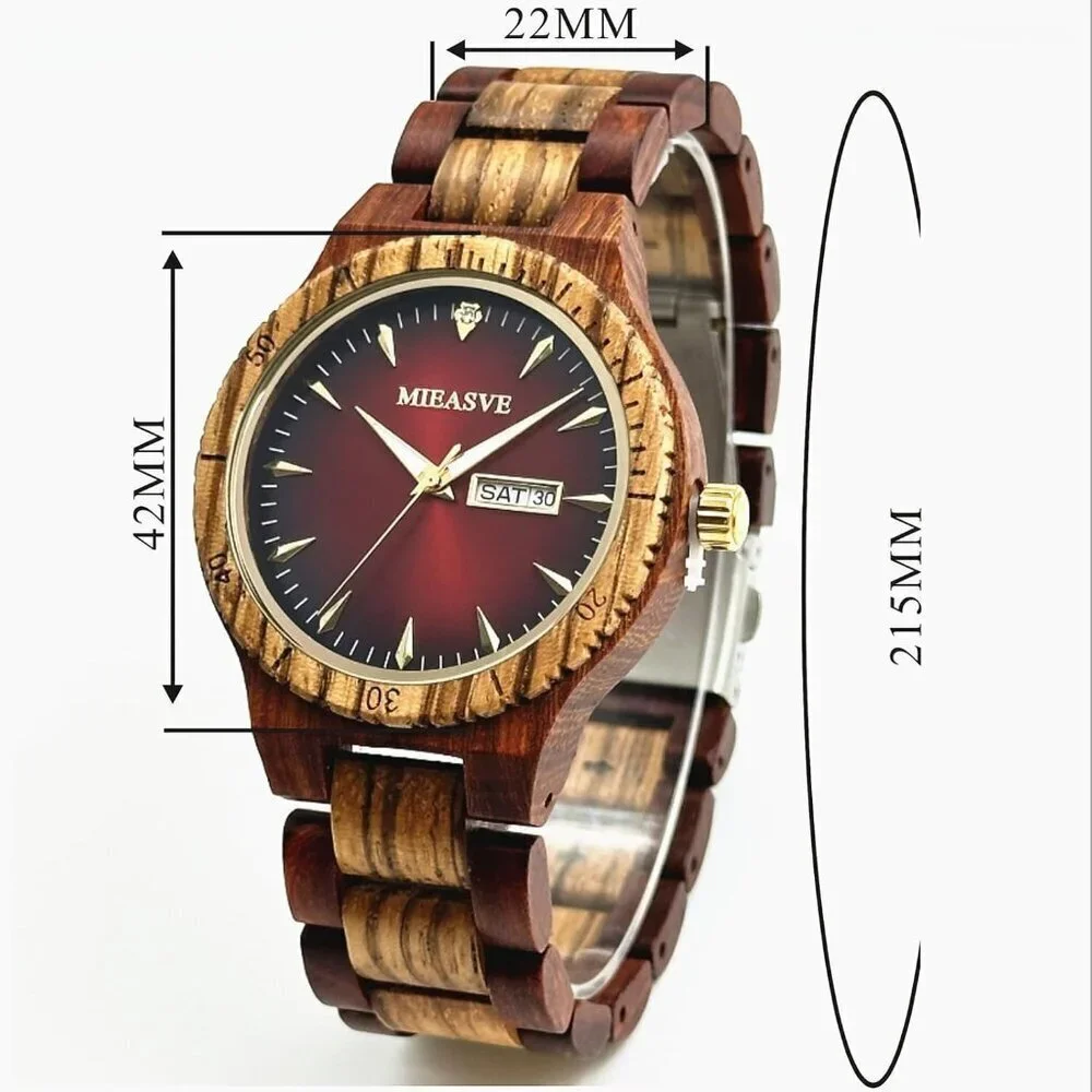 Men's Red Wooden Quartz Japanese Movement Calendar Display 42 Mm Watches